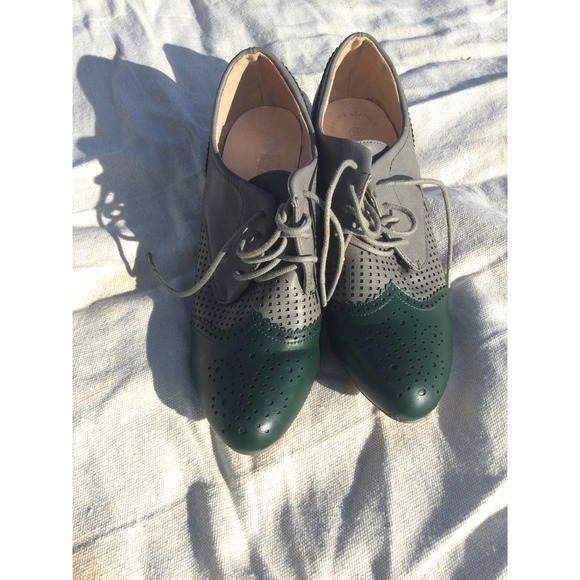 Dolce Nome 8 39 Oxford heels 20s academia gray green leather cottage selma - Picture 2 of 10
